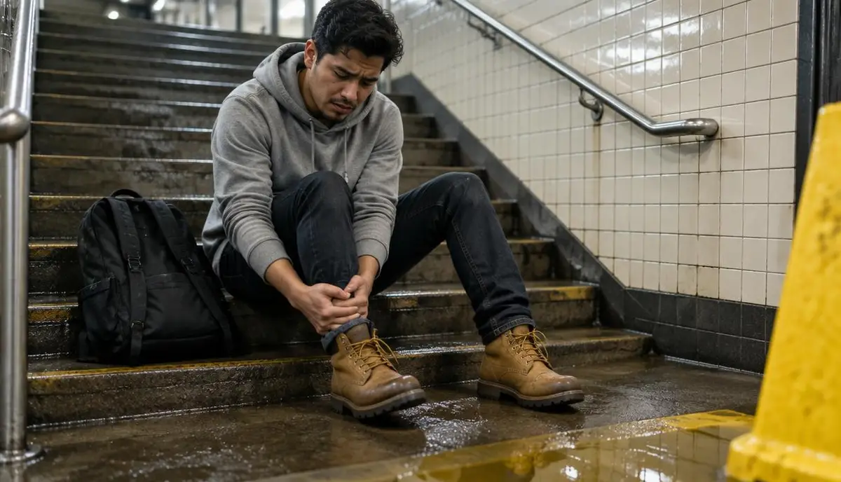 Joven latino sentado en unas escaleras mojadas de una estación del metro de Nueva York se sostiene el tobillo lastimado Joven latino sentado en unas escaleras mojadas de una estación del metro de Nueva York se sostiene el tobillo lastimado