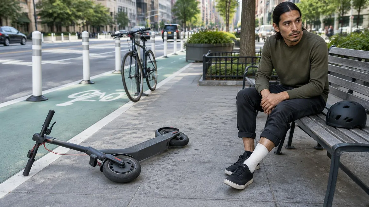 Hombre latino de cabello largo y suéter verde con tobillo vendado sentado junto a un scooter eléctrico caído y un carril de bicicletas