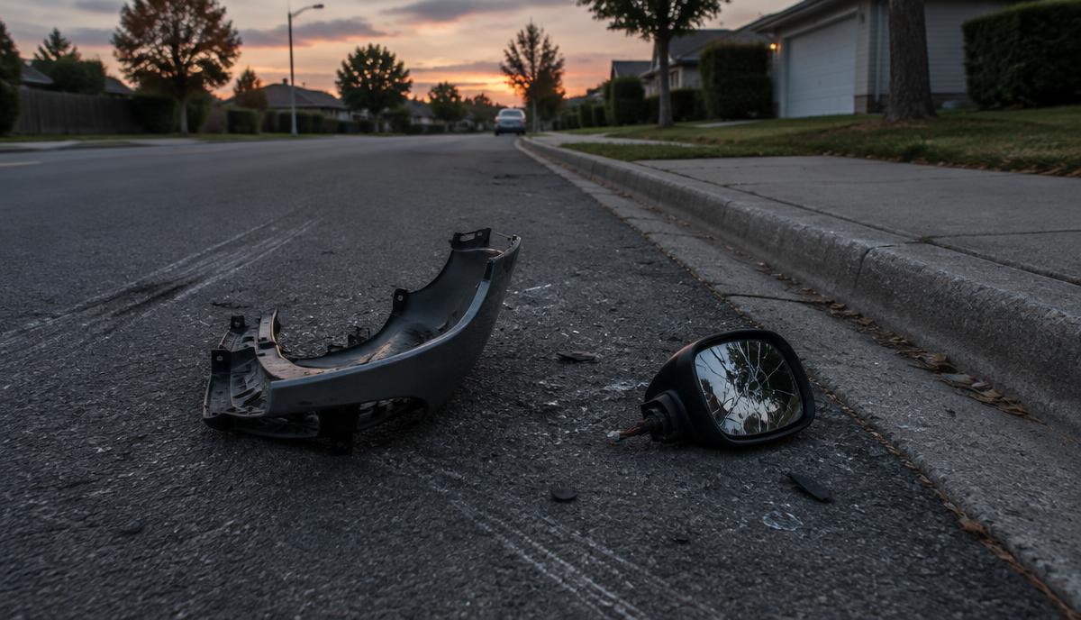 Fragmento de defensa de plástico y espejo lateral roto sobre el asfalto de una calle residencial al atardecer