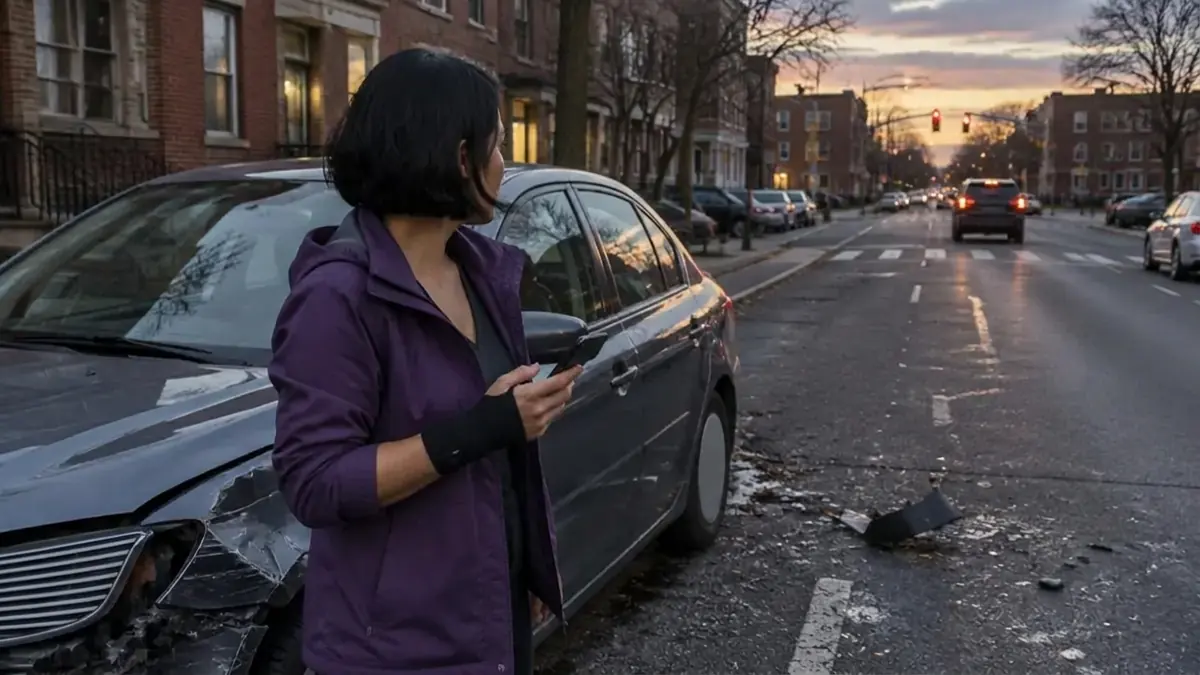 Mujer latina con muñequera y teléfono mirando una intersección al anochecer junto a un carro con daño frontal