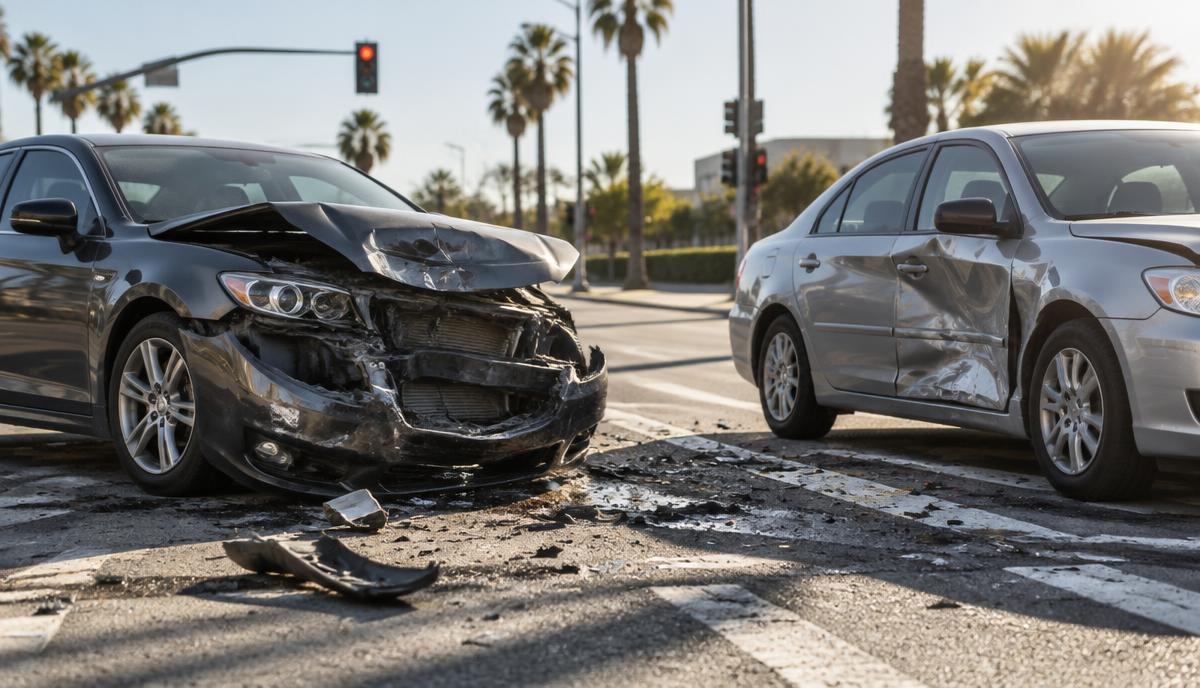 Dos autos con daño fuerte en el frente y en la puerta después de un choque en una intersección de California, con vidrios y pedazos de plástico en el pavimento.