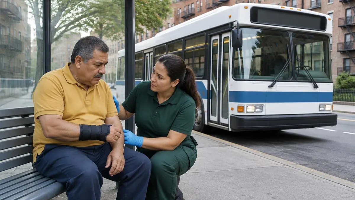 Accidentes de autobús en Nueva York: pasajero latino mayor de complexión robusta y camisa mostaza con muñequera junto a una paramédica en una parada ilustrativa del Bronx Accidentes de autobús en Nueva York: pasajero latino mayor de complexión robusta y camisa mostaza con muñequera junto a una paramédica en una parada ilustrativa del Bronx