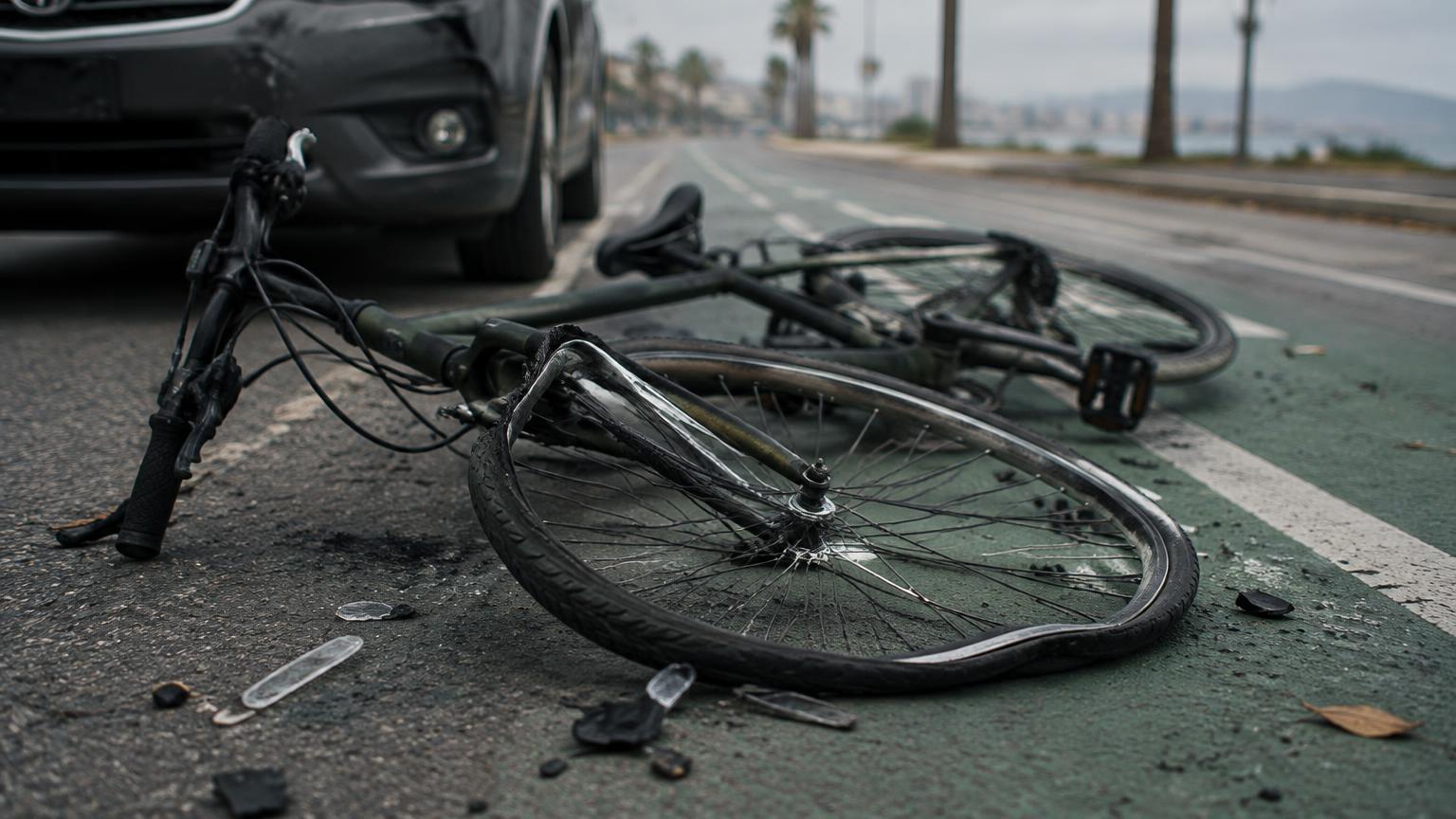 Bicicleta tirada de lado sobre un carril de bicicletas en California, con la rueda delantera doblada y pedazos de plástico en el pavimento.