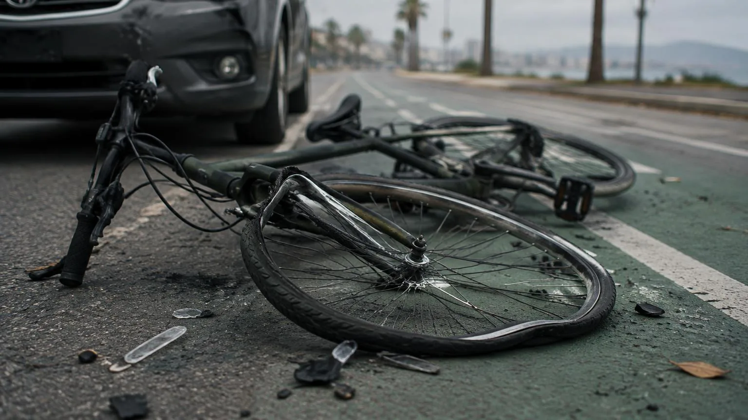 Bicicleta tirada de lado sobre un carril de bicicletas en California, con la rueda delantera doblada y pedazos de plástico en el pavimento.