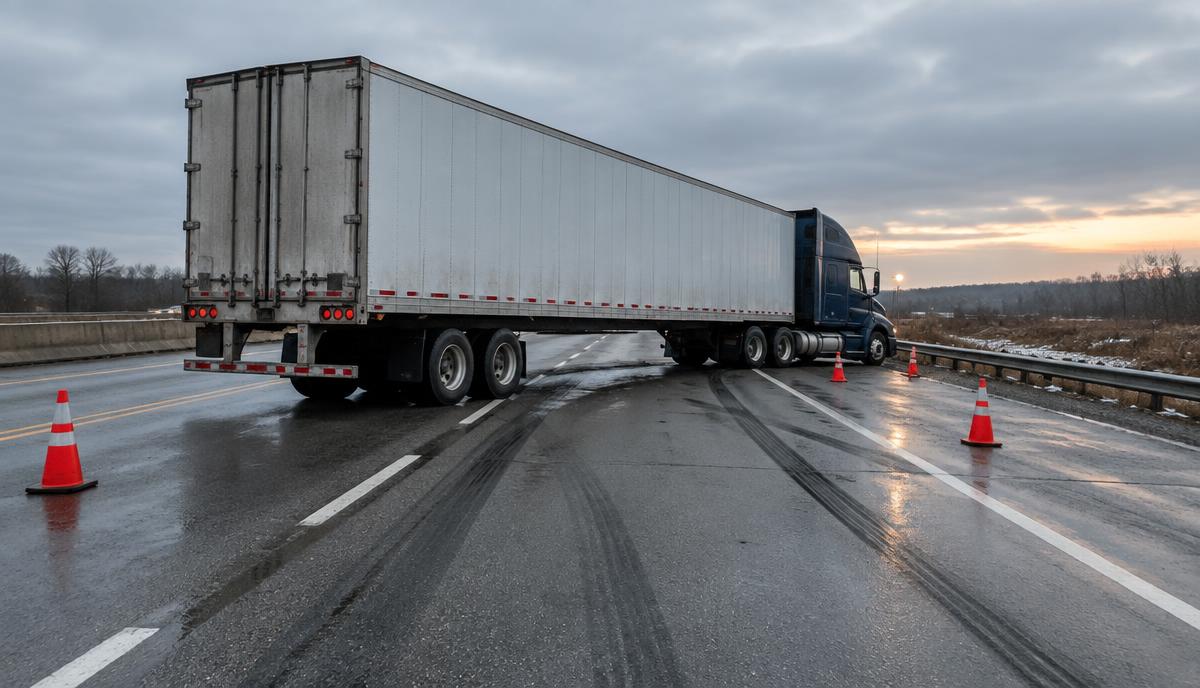 Remolque de tráiler atravesado en los carriles de una carretera mojada al amanecer, con marcas de derrape y conos de tránsito