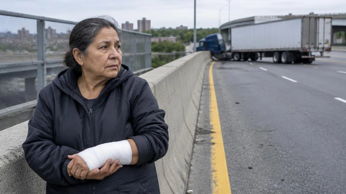Mujer latina con antebrazo vendado detrás de una barrera, con un remolque atravesado al fondo