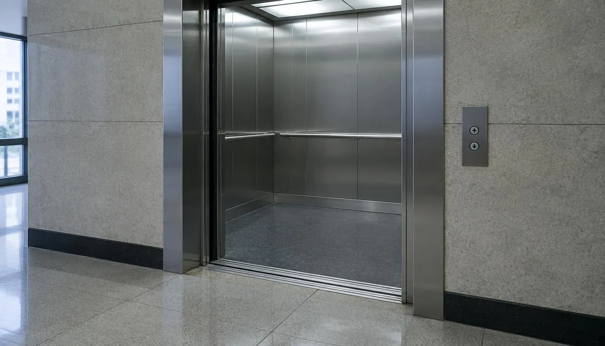 Puertas abiertas de un elevador en un vestíbulo vacío, con el piso de la cabina desnivelado respecto al piso del edificio