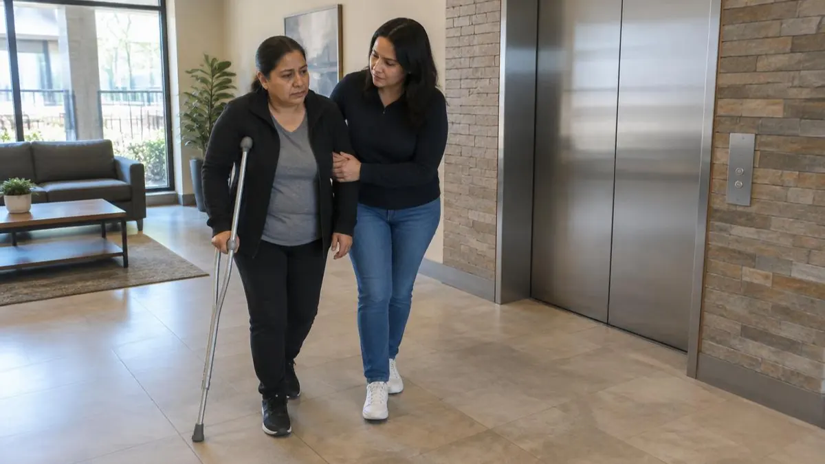 Mujer latina con una muleta y una acompañante junto a las puertas de un elevador