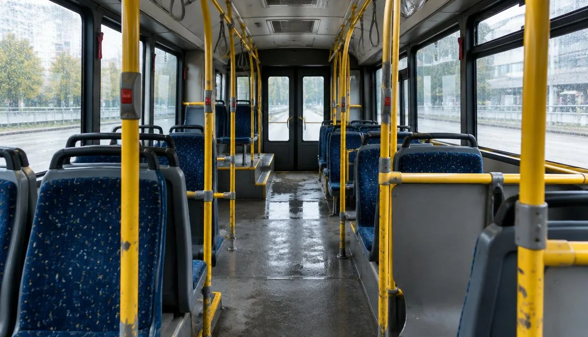 Interior vacío de un autobús urbano con barras amarillas, asientos desocupados y el piso mojado junto a las puertas