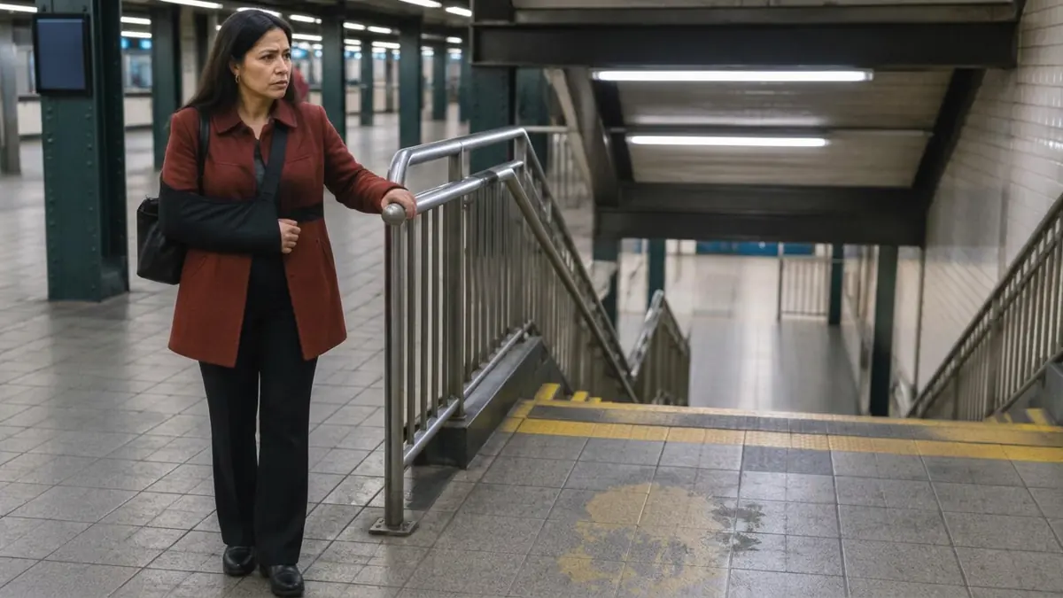 Mujer latina con abrigo rojo y cabestrillo junto al barandal de unas escaleras en una estación de metro ilustrativa
