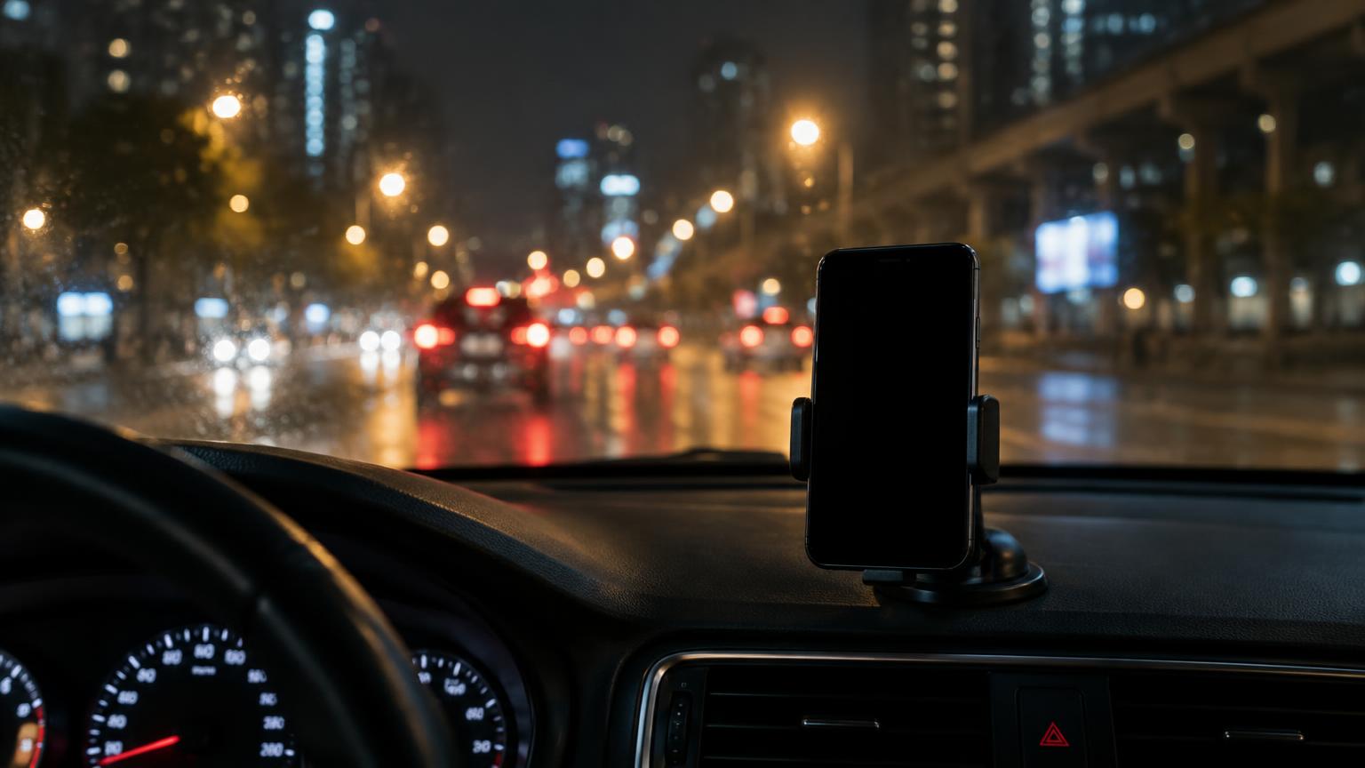 Teléfono montado en el tablero de un carro de noche, con luces de la ciudad desenfocadas a través del parabrisas mojado.