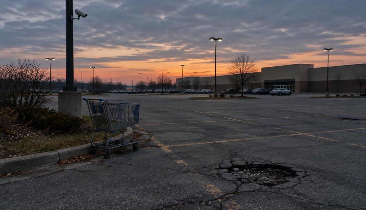 Estacionamiento de tienda al atardecer con líneas de pintura desgastadas, un bache en el asfalto, un carrito abandonado y una cámara en un poste