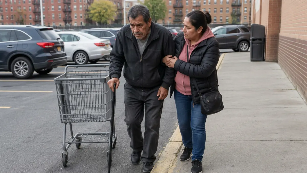 Comprador latino con bastón y una acompañante junto al carrito en un estacionamiento