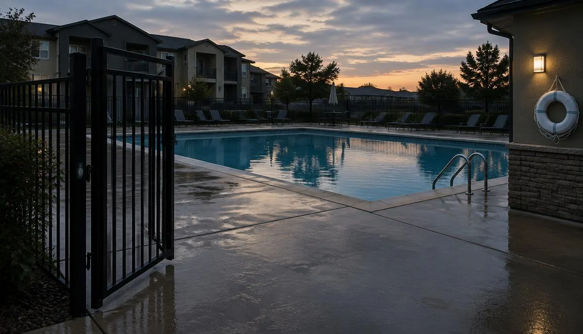 Piscina vacía de un complejo de apartamentos al atardecer, con la puerta de la cerca de seguridad entreabierta y un salvavidas en la pared