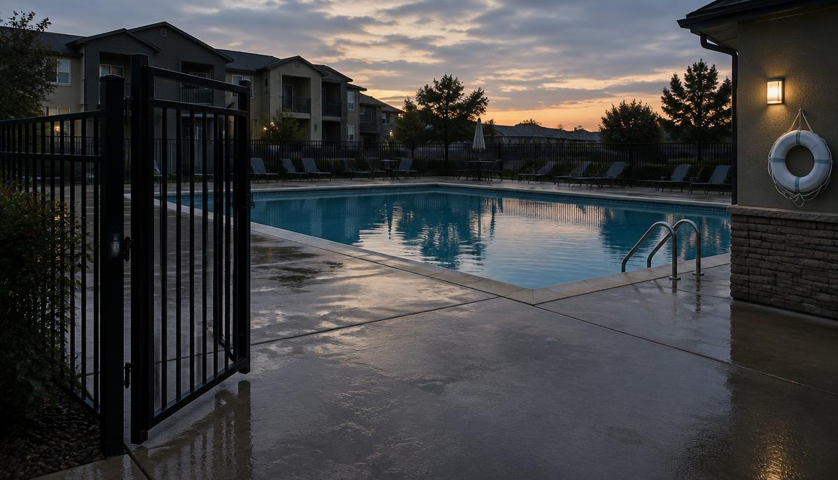 Piscina vacía de un complejo de apartamentos al atardecer, con la puerta de la cerca de seguridad entreabierta y un salvavidas en la pared