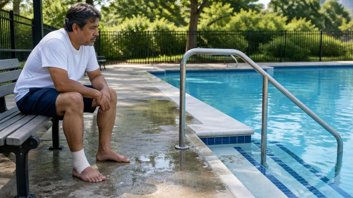 Adulto latino con camiseta blanca y tobillo vendado sentado frente al borde mojado y los escalones de una piscina