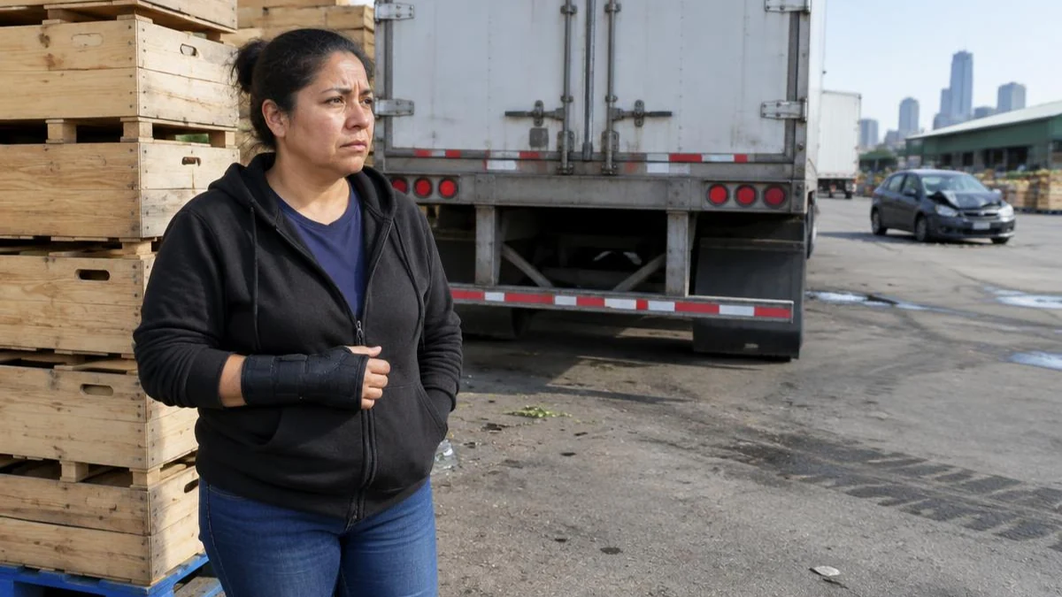 Mujer latina con muñequera junto a cajas de productos y la barra trasera de un remolque