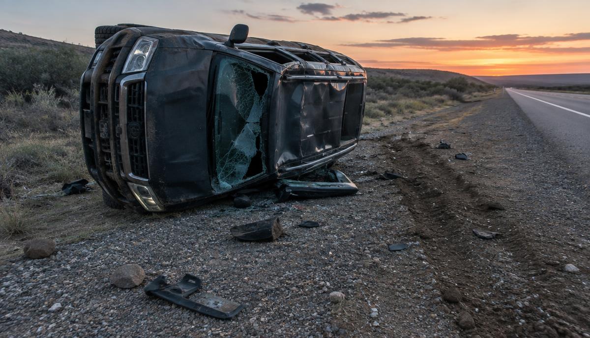 Camioneta volcada de costado en el acotamiento de grava de una carretera al atardecer, con el techo deformado y escombro alrededor