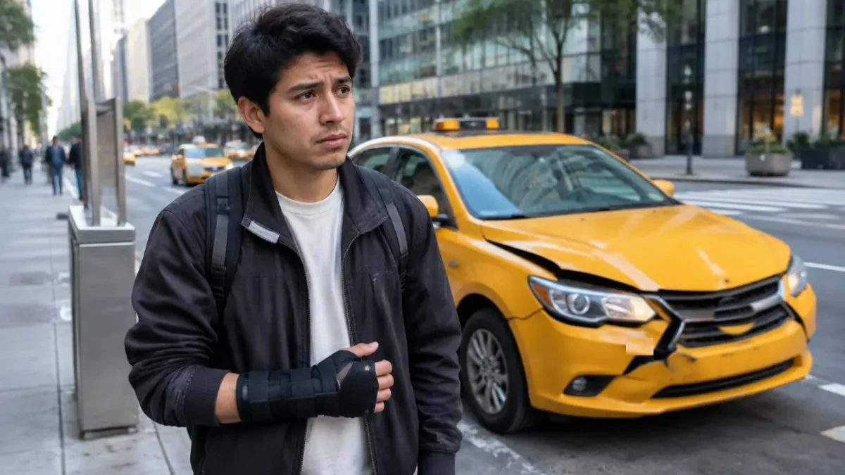 Accidentes de taxi en Nueva York: pasajero latino con muñequera junto a un taxi amarillo con daño frontal Accidentes de taxi en Nueva York: pasajero latino con muñequera junto a un taxi amarillo con daño frontal