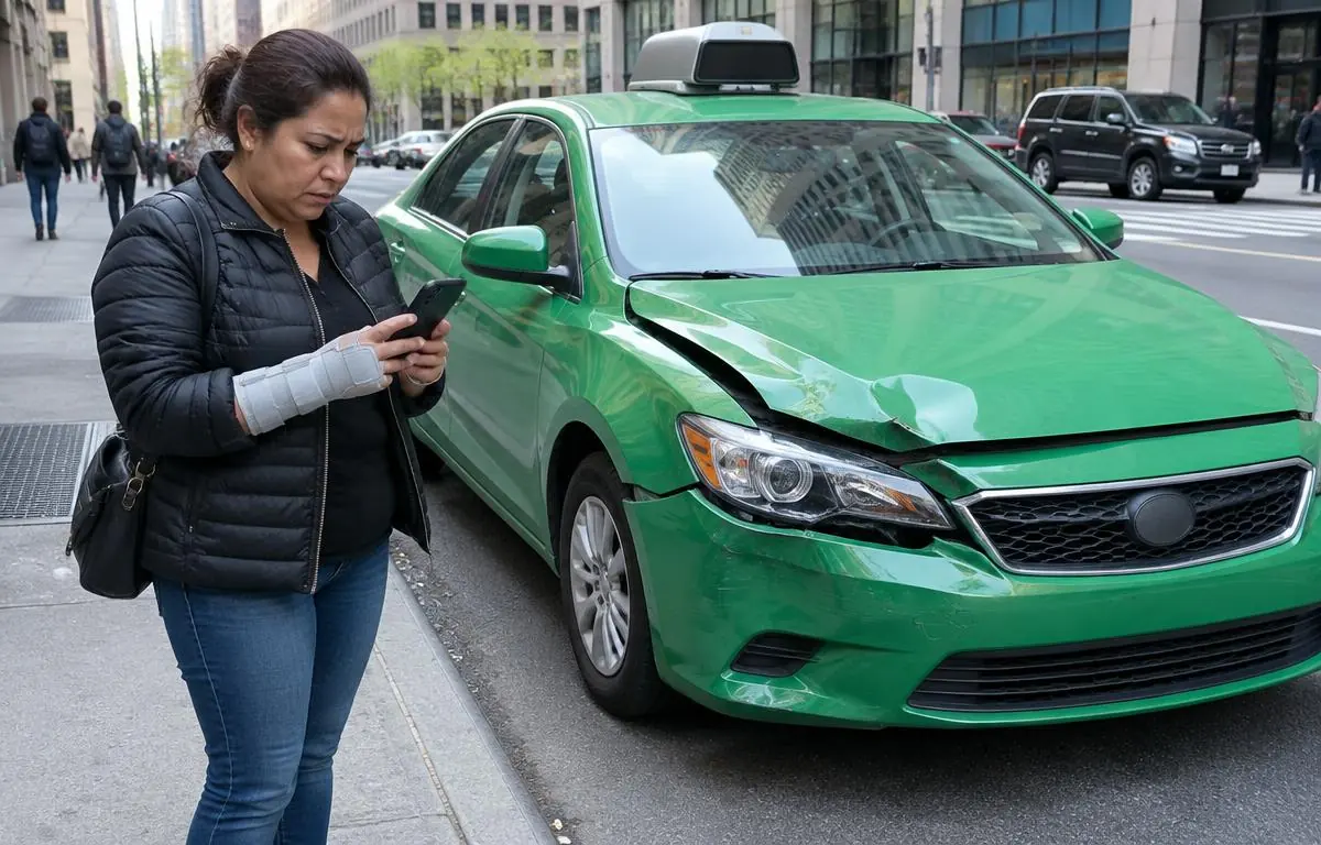 Pasajera latina con muñequera mirando su teléfono junto a un taxi verde con daño leve en el cofre Pasajera latina con muñequera mirando su teléfono junto a un taxi verde con daño leve en el cofre