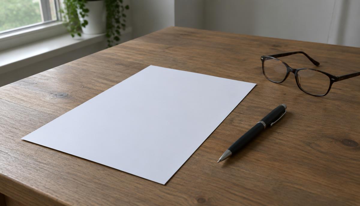 Mesa de madera con un documento impreso en blanco, una pluma cerrada y unos lentes de lectura junto a la ventana
