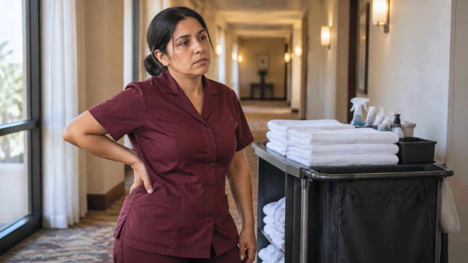 Mujer latina con uniforme de limpieza de hotel, cansada, con una mano en la espalda baja junto a su carrito en un pasillo Mujer latina con uniforme de limpieza de hotel, cansada, con una mano en la espalda baja junto a su carrito en un pasillo