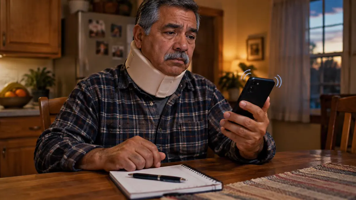 Hombre latino con collarín mira dudoso su celular que suena en la mesa de su cocina, con una libreta y una pluma enfrente Hombre latino con collarín mira dudoso su celular que suena en la mesa de su cocina, con una libreta y una pluma enfrente