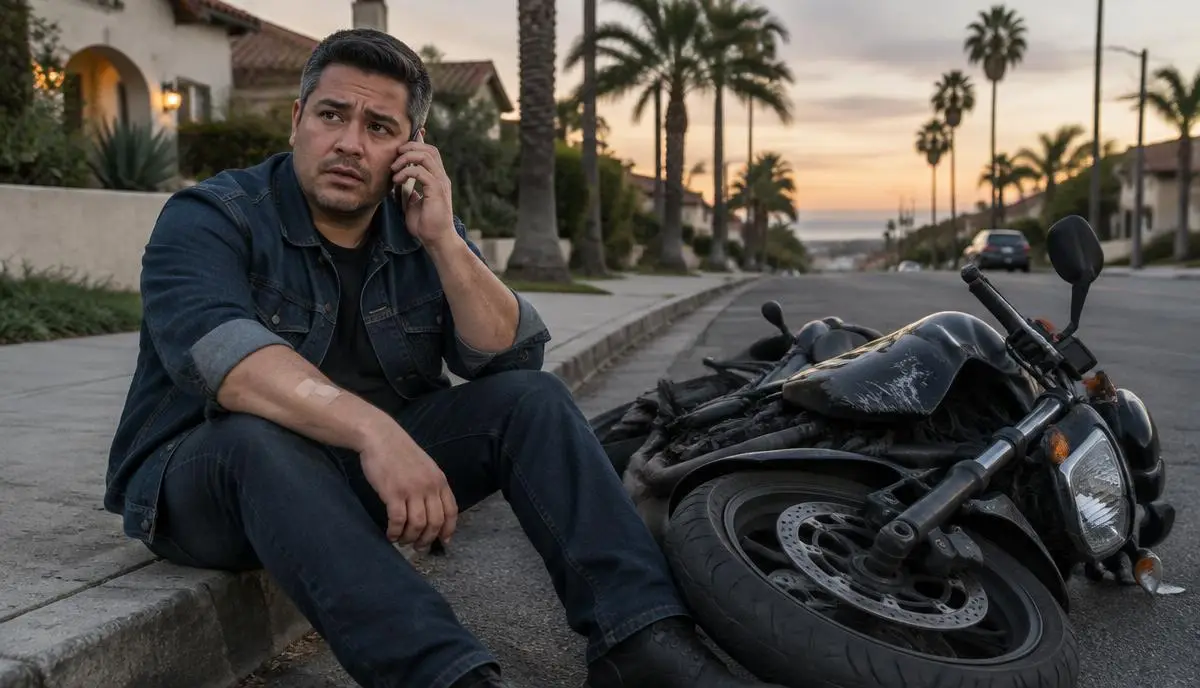 Motociclista latino sentado en la orilla de la banqueta hablando por teléfono junto a su moto caída en una calle de California al atardecer Motociclista latino sentado en la orilla de la banqueta hablando por teléfono junto a su moto caída en una calle de California al atardecer