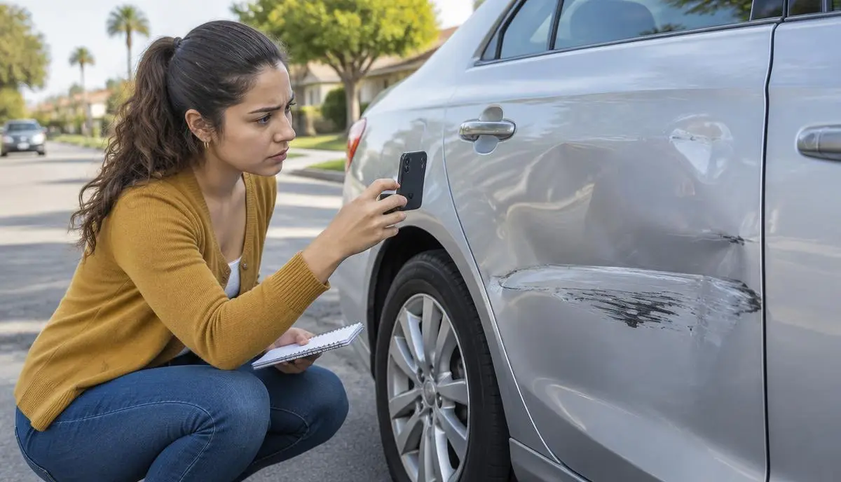 Mujer latina en cuclillas tomando fotos con su teléfono a la puerta abollada de su carro en una calle de California Mujer latina en cuclillas tomando fotos con su teléfono a la puerta abollada de su carro en una calle de California