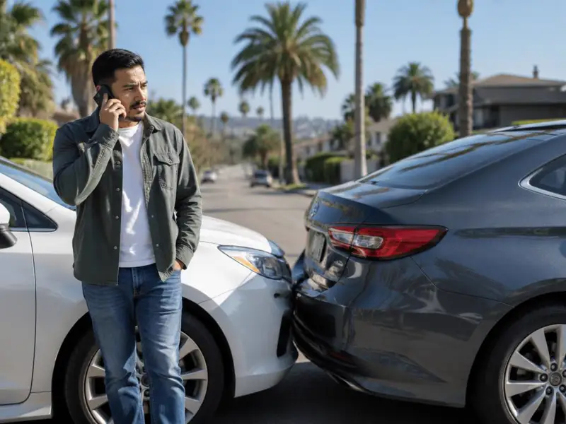 Hombre latino habla por teléfono junto a su auto después de un choque leve por detrás en una calle soleada de California