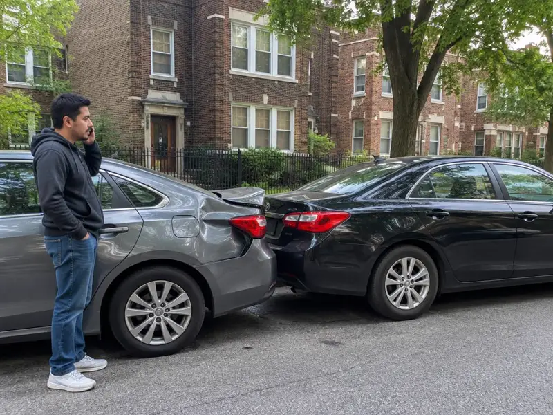 Hombre latino habla por teléfono junto a su auto después de un choque leve por detrás en una calle de Chicago con edificios de ladrillo
