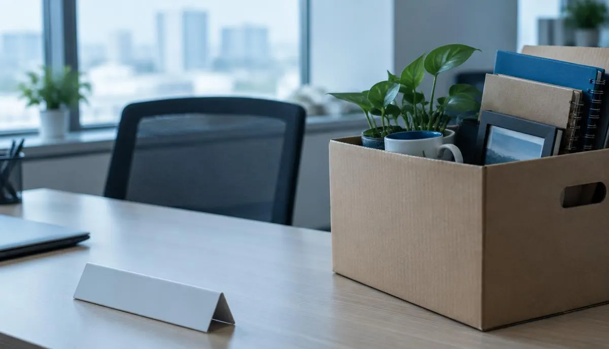 Escritorio vacío con una caja de cosas personales a medio empacar
