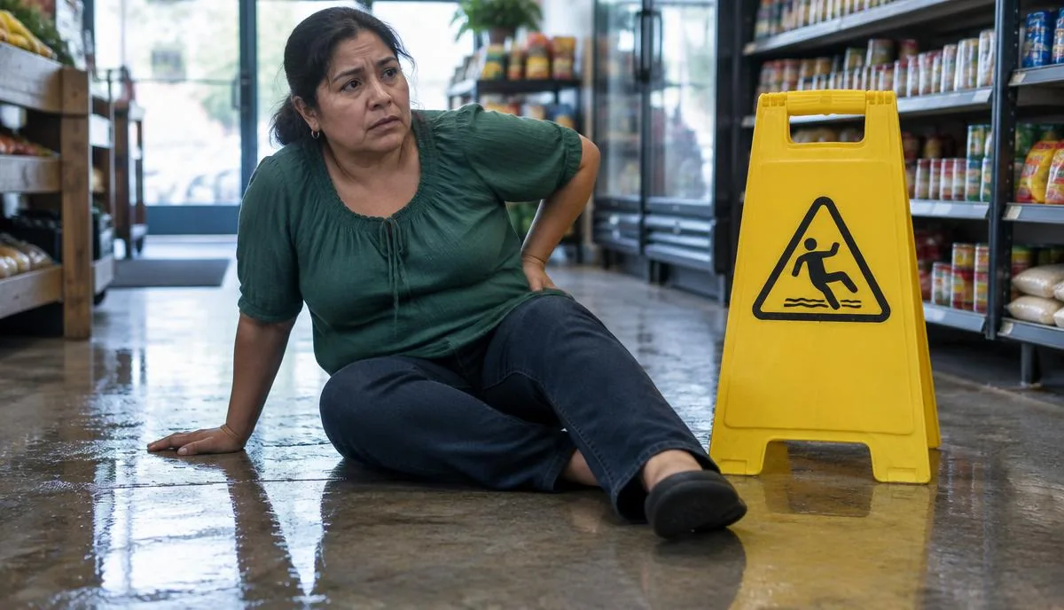 Mujer latina de mediana edad sentada en el piso mojado de una tienda, sosteniéndose la cadera junto a una señal amarilla Mujer latina de mediana edad sentada en el piso mojado de una tienda, sosteniéndose la cadera junto a una señal amarilla