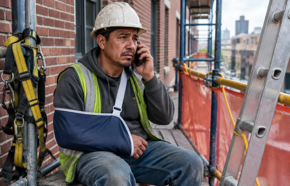 Caídas de andamio en Nueva York: trabajador latino con brazo en cabestrillo junto a una escalera Caídas de andamio en Nueva York: trabajador latino con brazo en cabestrillo junto a una escalera