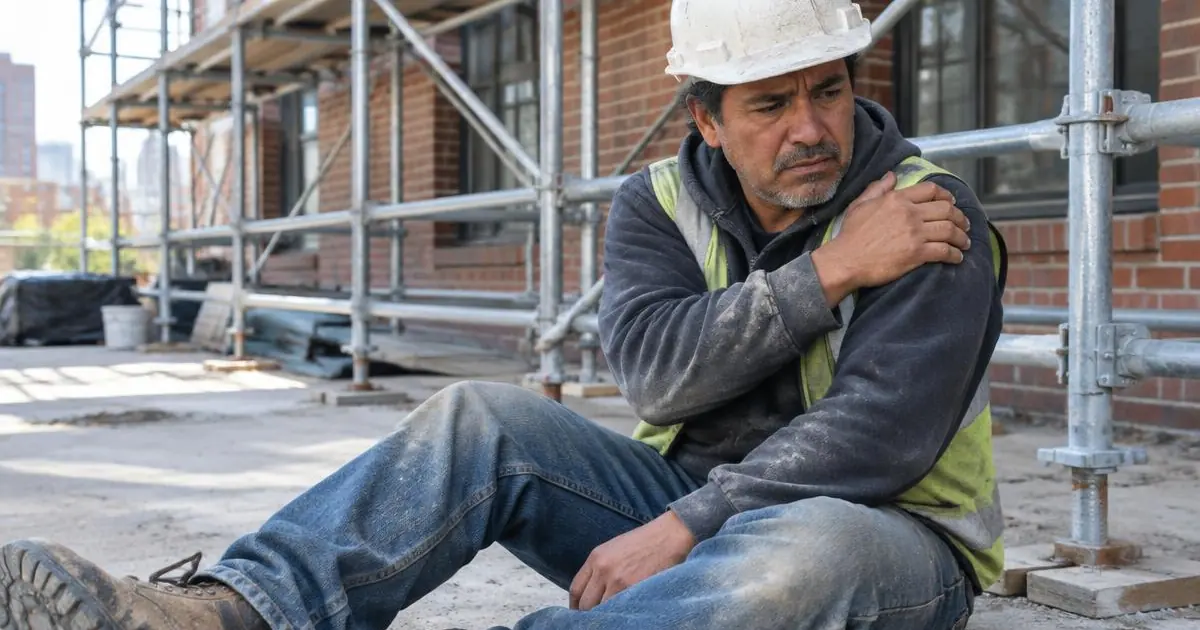 Caídas de andamio en Nueva York: trabajador hispano preocupado sosteniendo su hombro frente a un andamio Caídas de andamio en Nueva York: trabajador hispano preocupado sosteniendo su hombro frente a un andamio