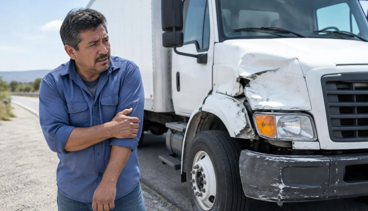 Camionero latino sosteniéndose el brazo junto a un camión blanco de caja con la esquina delantera dañada Camionero latino sosteniéndose el brazo junto a un camión blanco de caja con la esquina delantera dañada