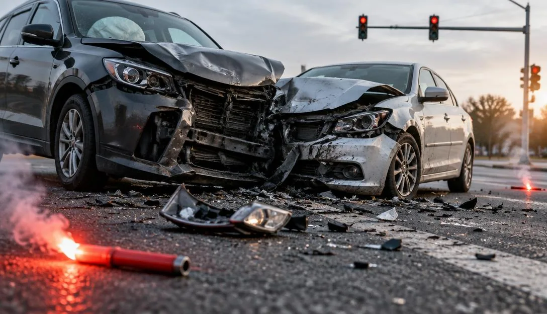 Choque en una intersección con dos vehículos con daños severos al frente, vidrios y una autopartes sobre el asfalto y bengalas de emergencia