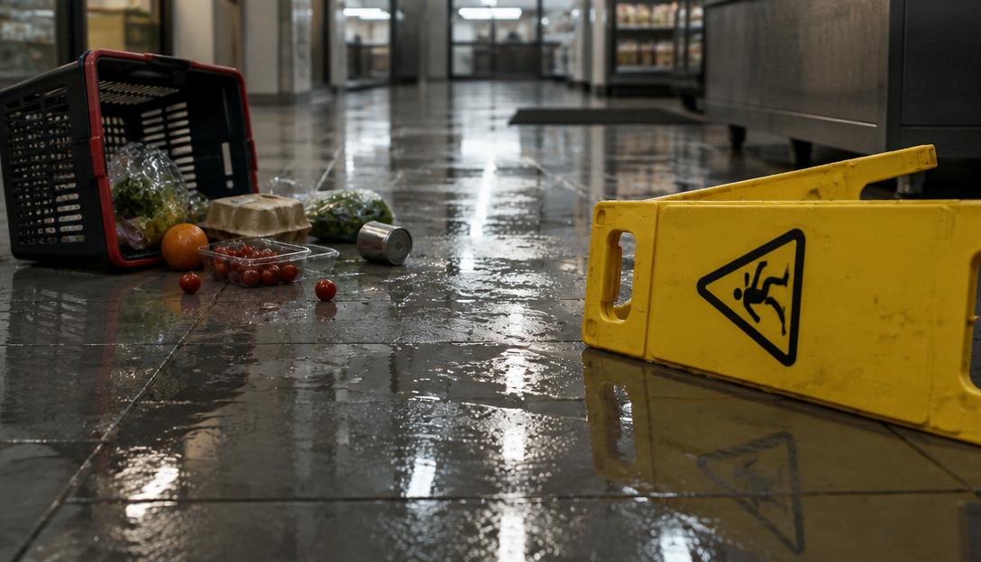Piso de loseta mojado en un local comercial con un letrero amarillo de precaución caído y una canasta de compras volcada