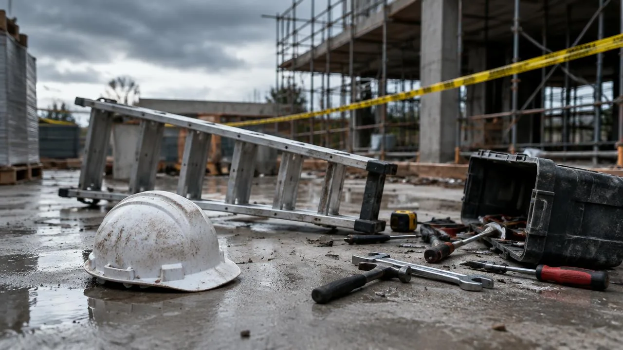 Escalera caída sobre el concreto, casco de seguridad en el suelo y herramientas dispersas en una obra de construcción con cinta amarilla de precaución