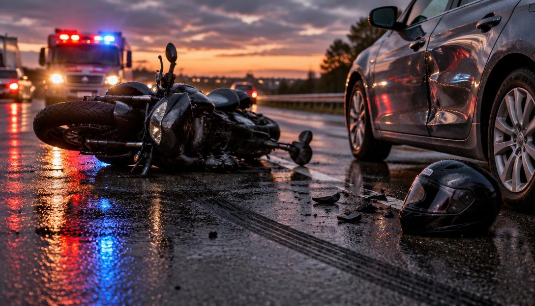 Motocicleta tirada sobre el asfalto mojado al atardecer junto a un auto con la puerta abollada, con un casco en el pavimento y luces de emergencia reflejadas