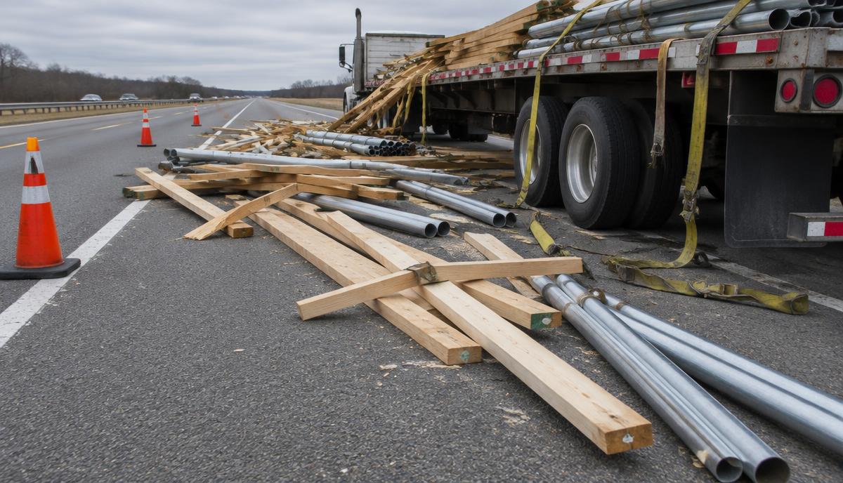Madera y tubos metálicos derramados sobre un carril de carretera junto a una plataforma con amarras rotas y conos de tránsito