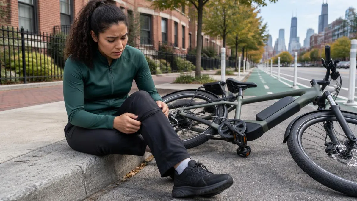 Ciclista latina sentada junto a una bicicleta eléctrica en una ciclovía de Chicago Ciclista latina sentada junto a una bicicleta eléctrica en una ciclovía de Chicago
