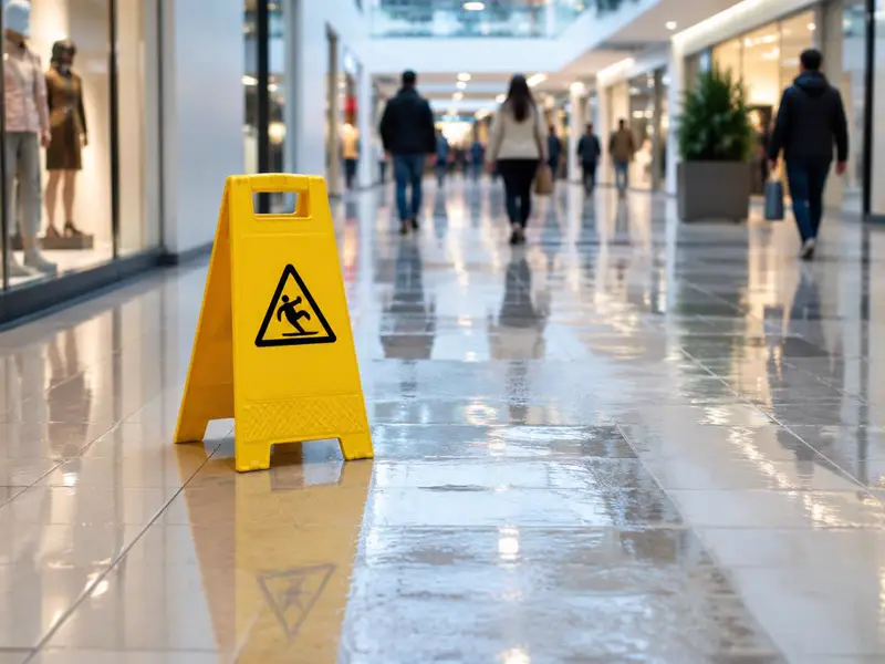 Piso mojado en el pasillo de un centro comercial con una señal amarilla de precaución