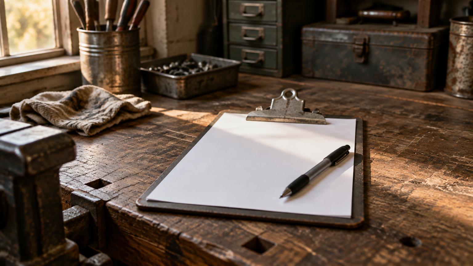 Una tabla con sujetapapeles sostiene un formulario en blanco junto a una pluma, sobre un banco de trabajo de madera desgastada con luz cálida de lado.