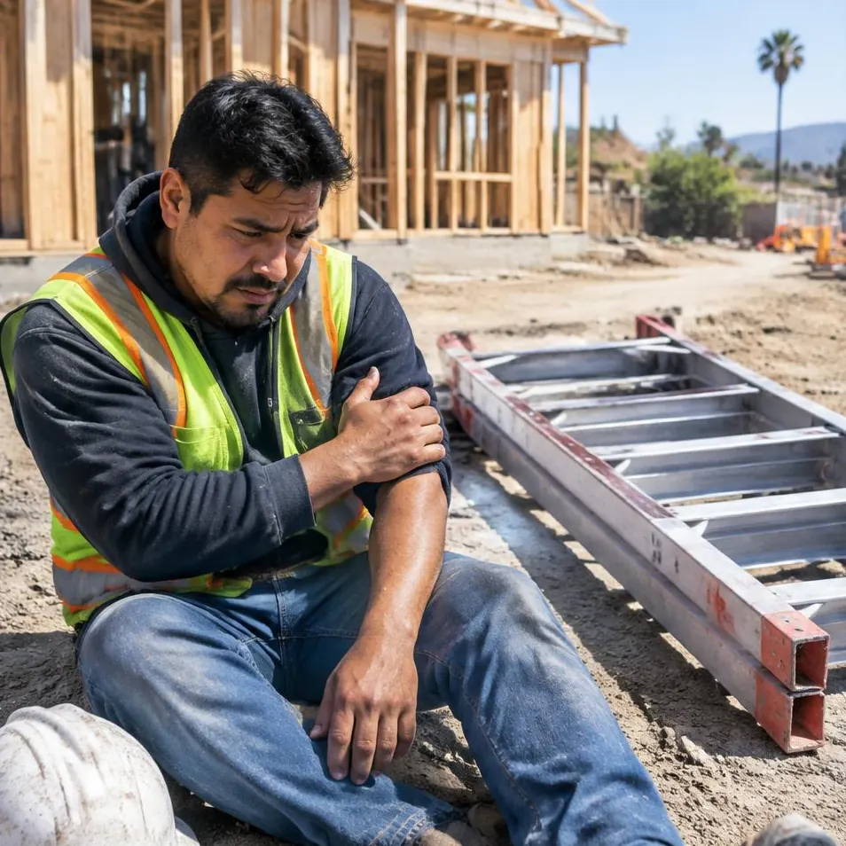 Trabajador latino sosteniéndose el brazo junto a una escalera caída en una obra en California