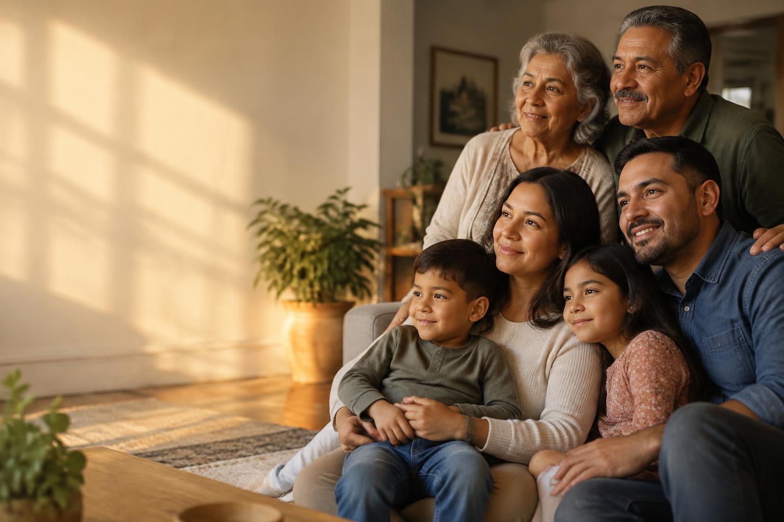 Familia latina de varias generaciones reunida en casa con luz cálida de la tarde