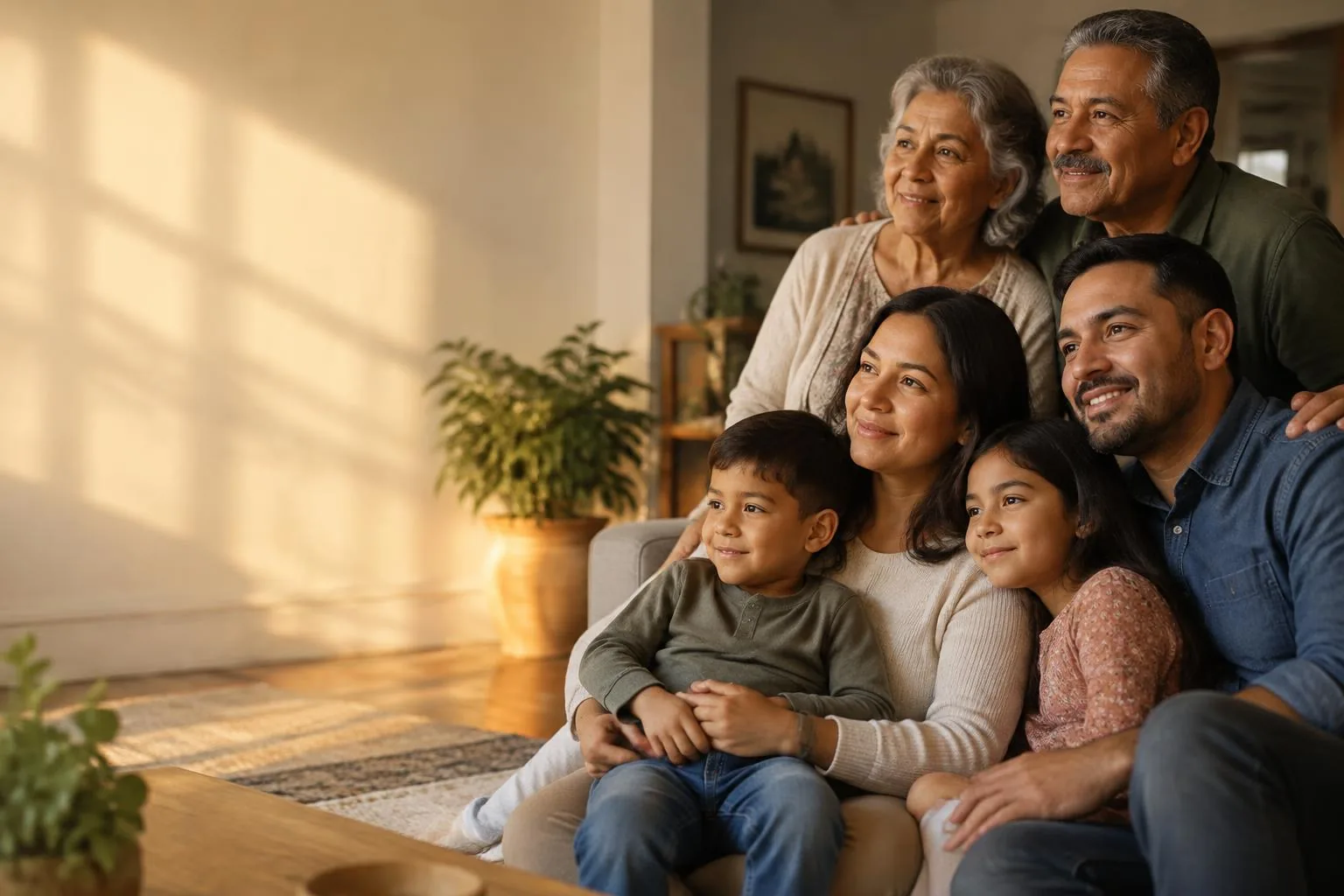 Familia latina de varias generaciones reunida en casa con luz cálida de la tarde