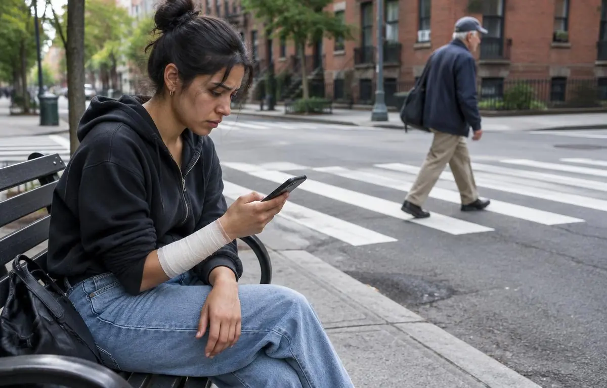 Peatona latina con antebrazo vendado mirando su teléfono desde una banca junto a un cruce Peatona latina con antebrazo vendado mirando su teléfono desde una banca junto a un cruce