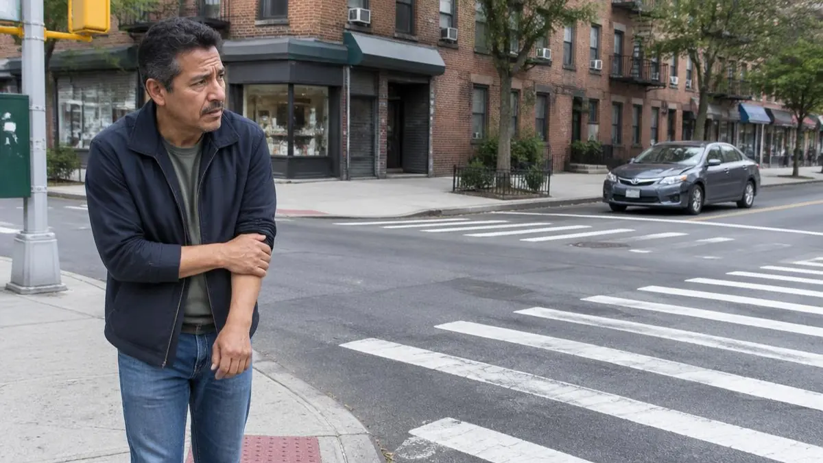 Conductor distraído en Nueva York: peatón latino sosteniendo su antebrazo junto a un cruce de calles Conductor distraído en Nueva York: peatón latino sosteniendo su antebrazo junto a un cruce de calles