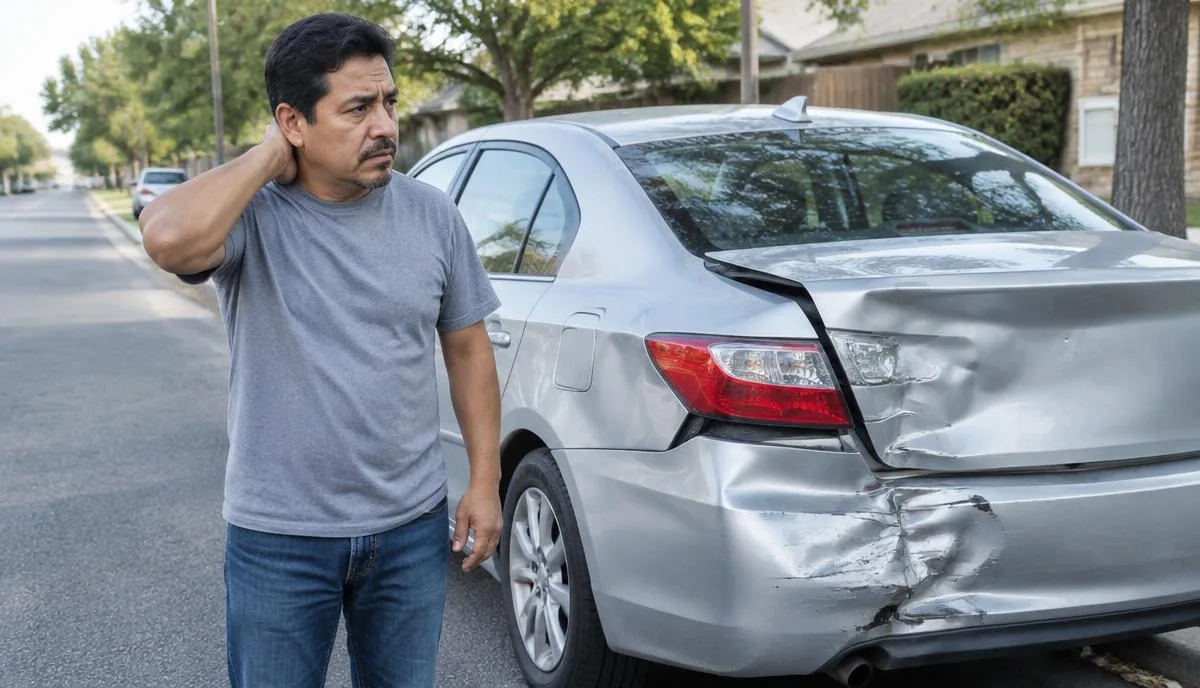 Conductor latino sosteniéndose el cuello junto a su carro plateado con la parte trasera dañada Conductor latino sosteniéndose el cuello junto a su carro plateado con la parte trasera dañada